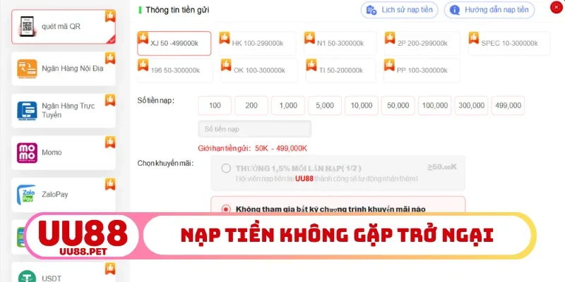 Nạp tiền không gặp trở ngại